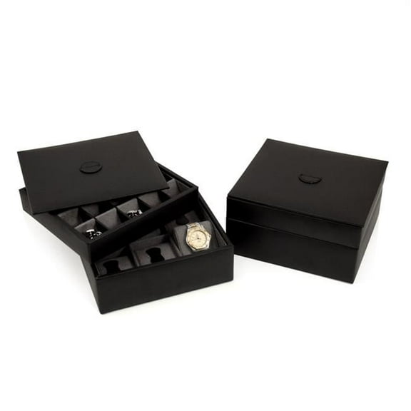 Bey-Berk International BB622BLK Leather Stacked Valet for 6 Watches & 20 Cufflinks with Lid - Black