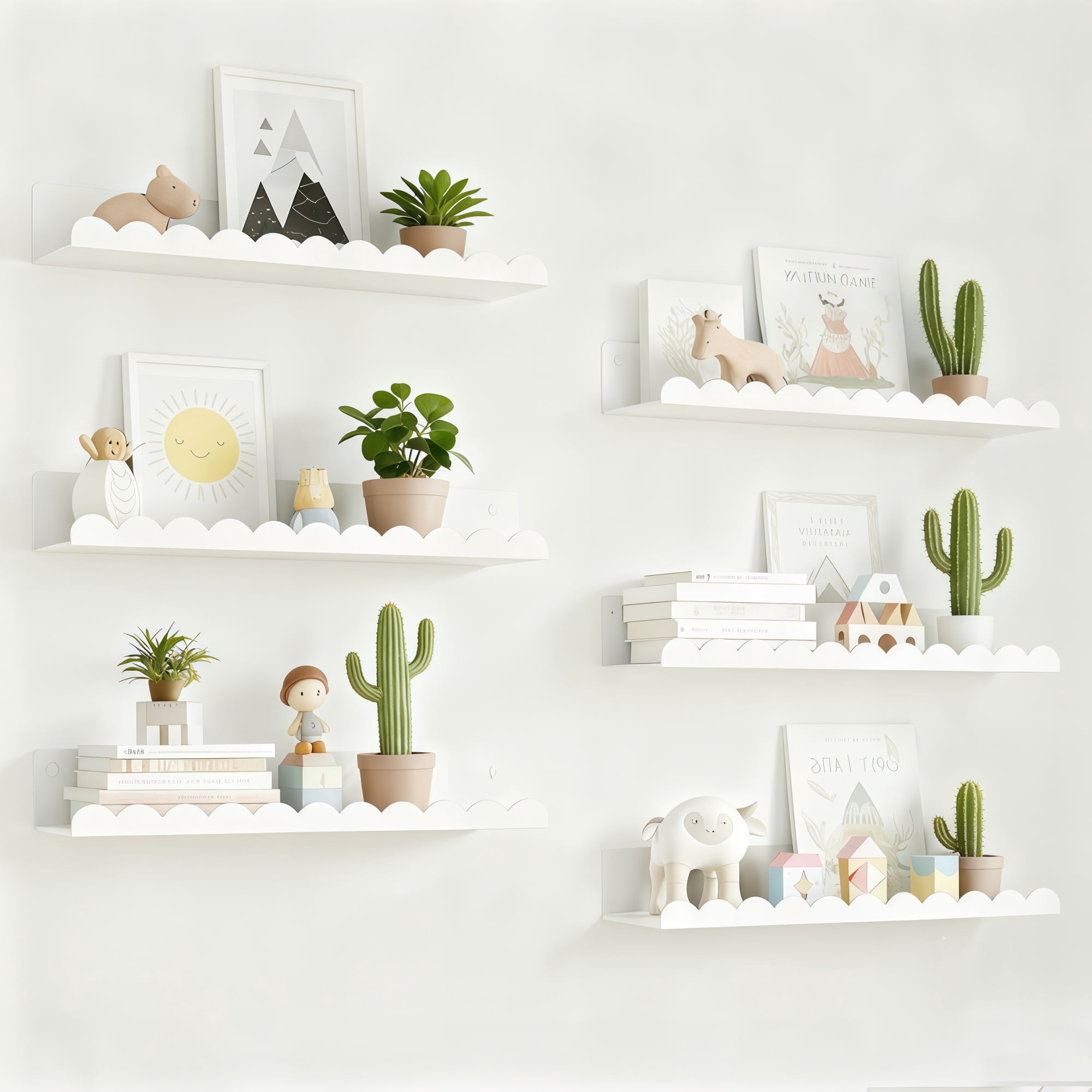 6-Piece White Nursery Book Shelves,  Metal Floating Shelves for Wall, 16 Inch Scalloped Book Shelf for Kids Room, Bathroom, Bedroom, Playroom Wall Decor(6 Count)