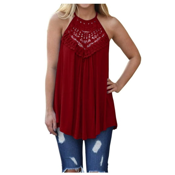 Timegard Tank Top for Women Crewneck Lace Sleeveless Ruched Back Button Loose Casual Comfy Tee Top