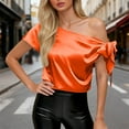 thumbnail image 2 of Staron Women's Off Shoulder Silk Tops Casual Short Sleeve Asymmetrical Neck Satin Blouse Shirts Vintage Classic Relaxed Loose Party Vacation Boho, Orange XL, 2 of 6