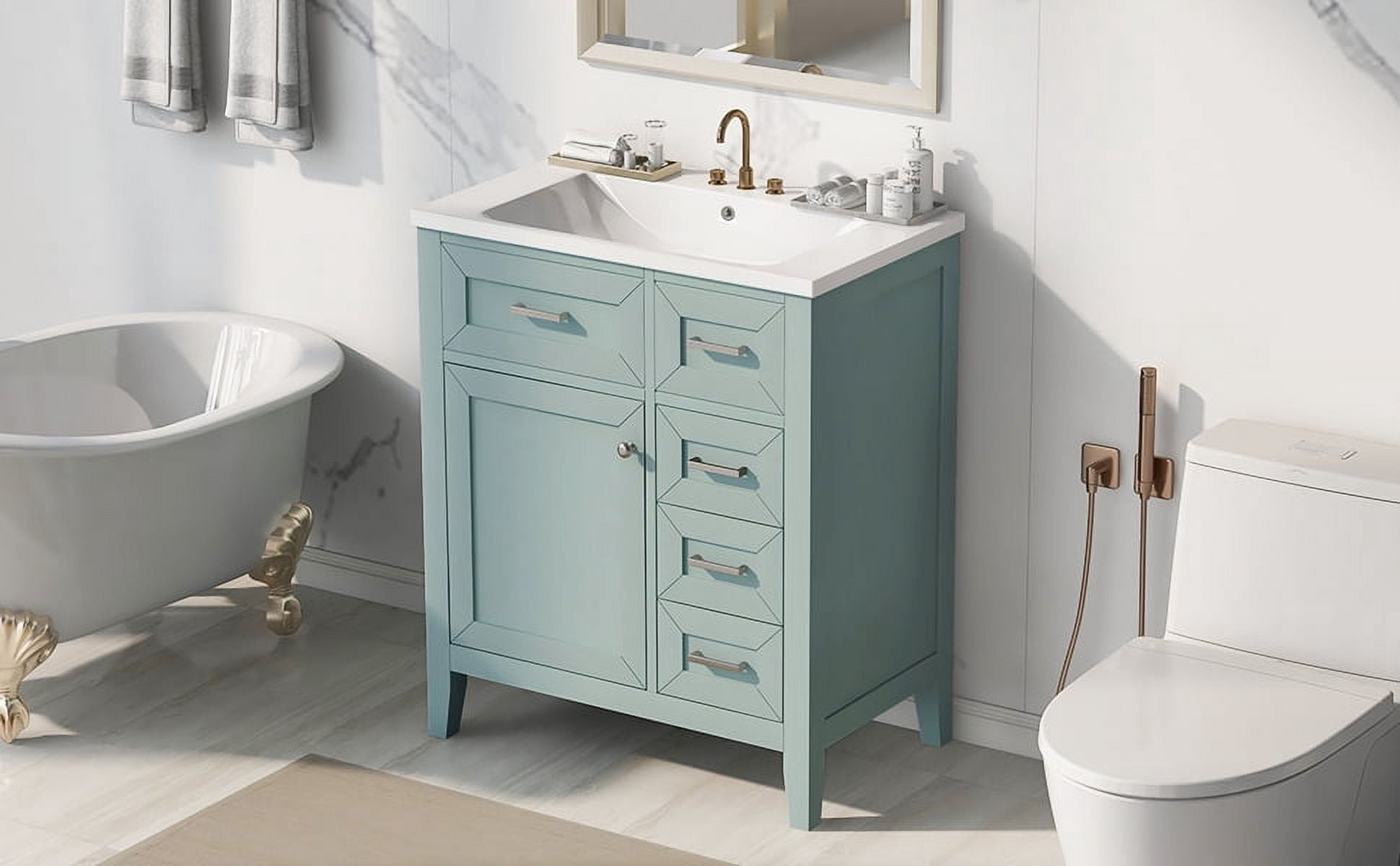 Euroco 30” Green Bathroom Vanity with Sink, Freestanding Bathroom Cabinet with Drawer & Shelf, Solid Wood Frame, Ceramic Basin