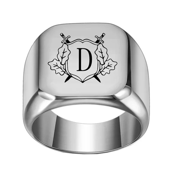 HIJONES Men's Women's Stainless Steel Personalized Double Sword Shield Alphabet A to Z Initial Rings Jewelry Silver D Size 7