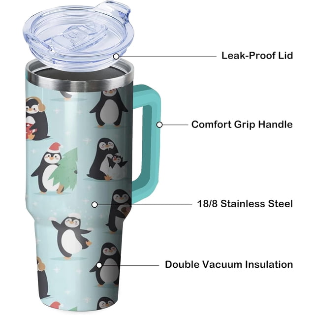 Cute Penguin Tumbler with Handle and Straw, 40 oz Stainless Steel Insulated Cup with Lid and Straw,Travel Coffee Mug Water Bottle, Birthday Christmas Mothers Day Gifts for Animal Lovers Women