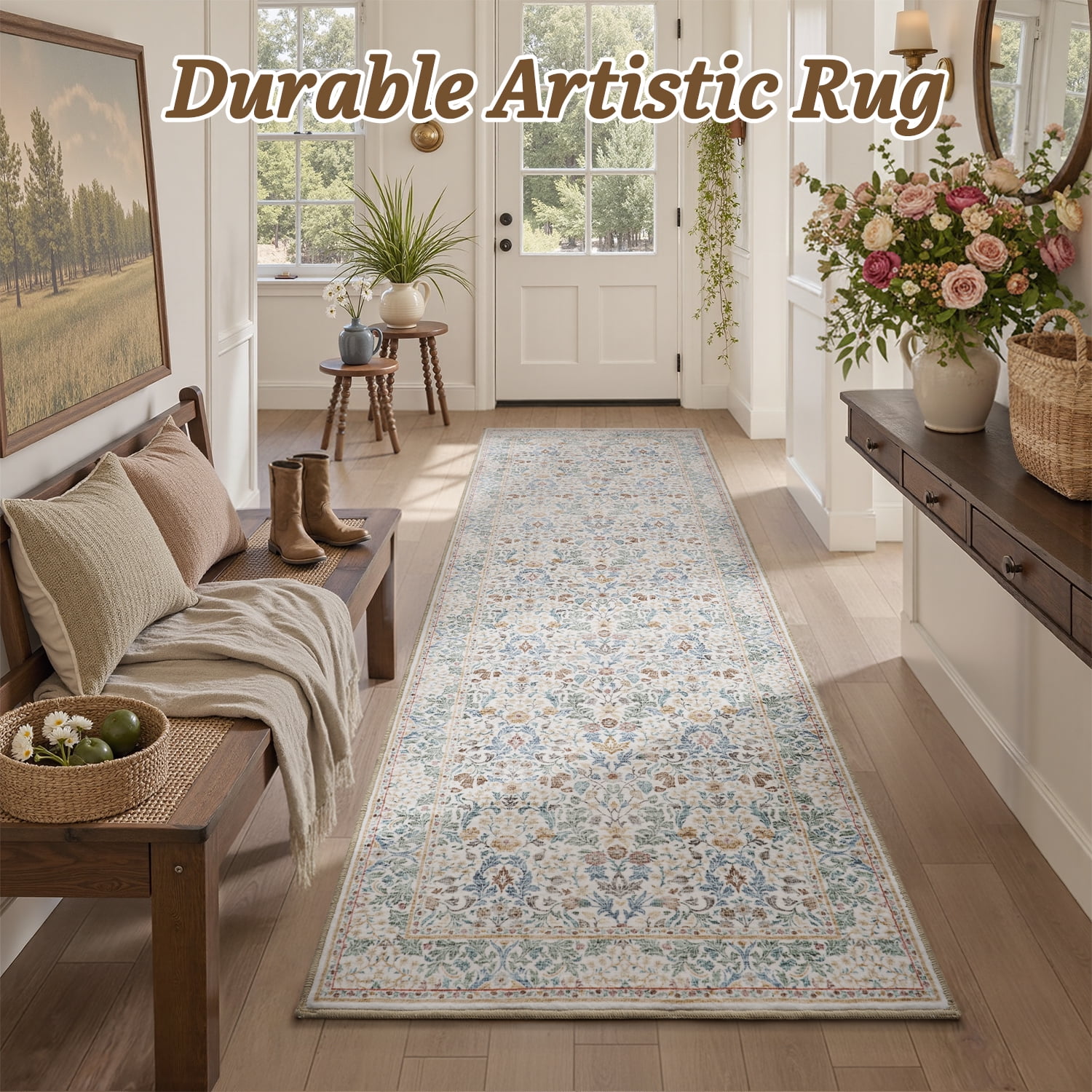 SIXHOME 2'x6' Vintage Floral Runner Rug, Washable Non-Slip Rose
