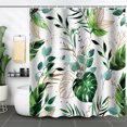 thumbnail image 4 of Juego de cortinas de ducha con hojas estilo bohemio de mediados de siglo: elegante diseño abstracto verde, acuarela tropical, decoración moderna para baño con ganchos, tela lavable, 4 of 5
