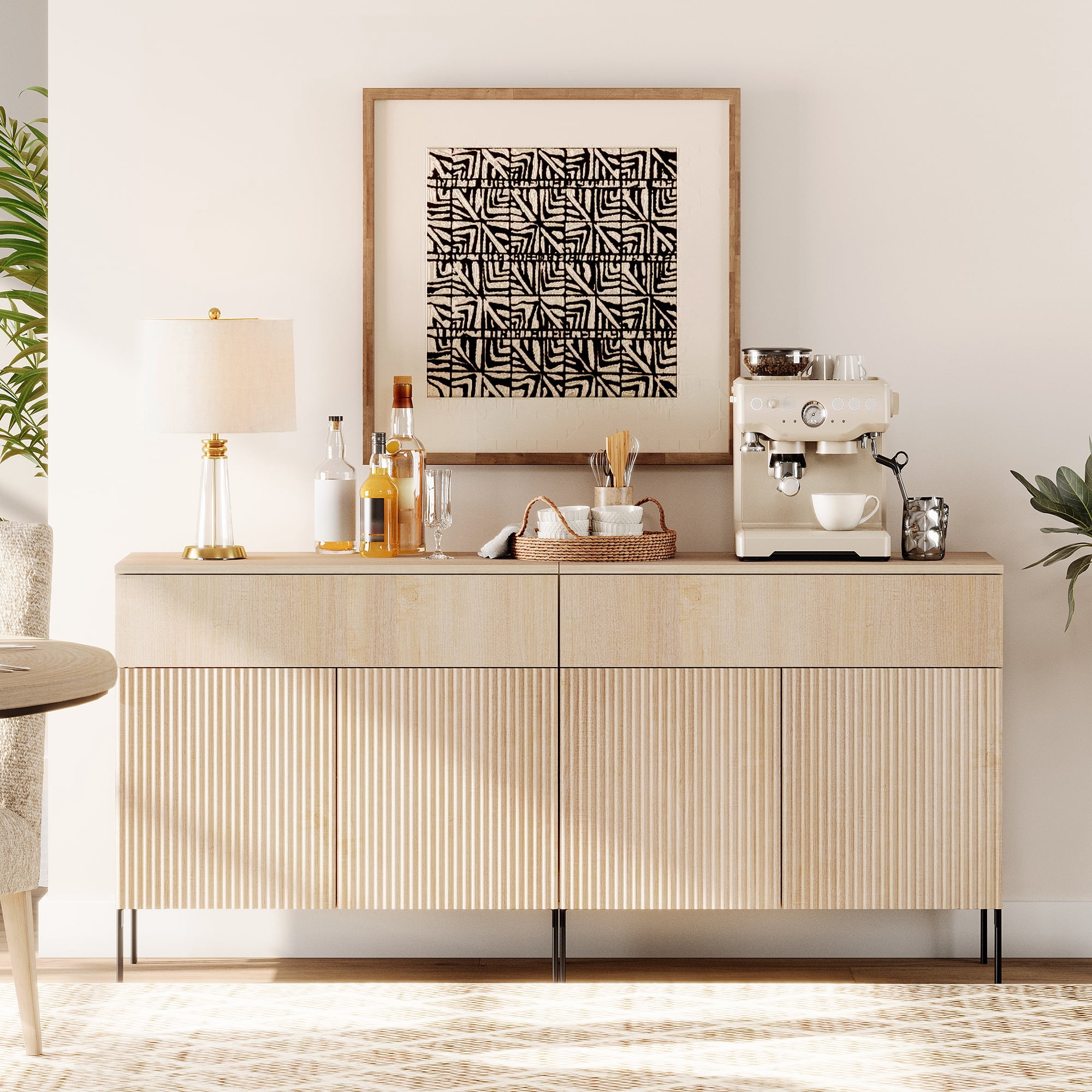 63" Wooden Reeded Sideboard with Doors and Drawers, 2-In-1 Modern Credenza Storage Cabinet for Kitchen, Dining Room