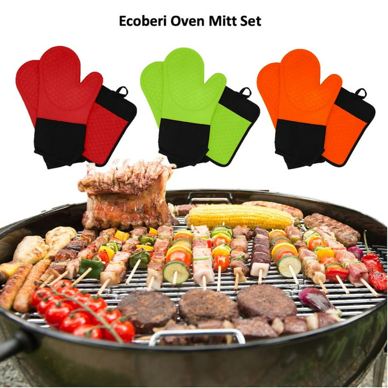 Oven Mitts, Heat Resistant Silicone Oven Mitt with Soft Cotton Lining 2 Pack Oven Mitts and Pot Holders Sets Perfect for BBQ, Baking and Cooking