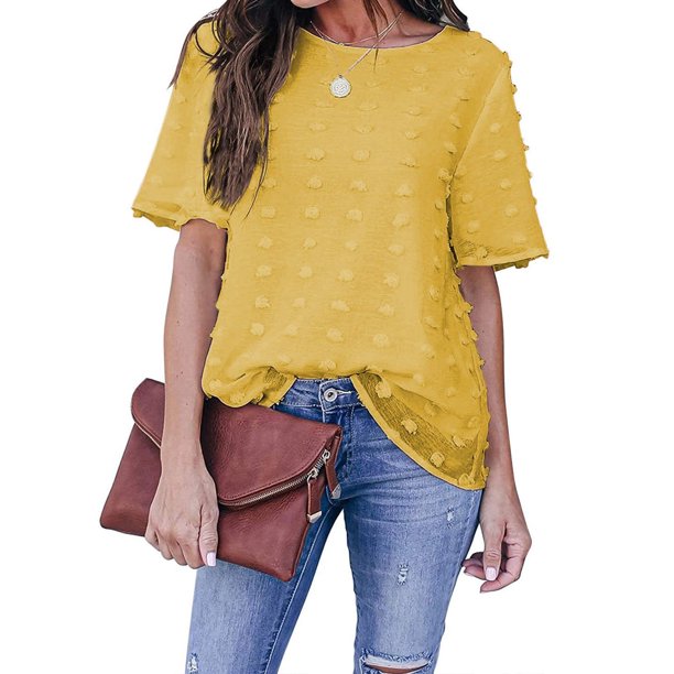 Pntutb - Blusa de manga corta con cuello redondo para mujer, blusa de gasa con lunares Pntutb Pntutb-5683
