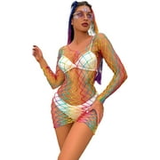 SDO Women Rainbow Fishnet Bodycon Mesh See Through Bodysuit Rave Music Festivals Outfits Sexy Lingerie Free Size Rainbow Long Sl