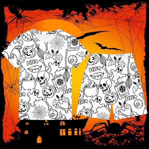 Pajamas for Boys Halloween DIY Short Sleeve Crewneck T-Shirt Shorts 2 Piece Casual Halloween Pajamas Kids Size 4-5Y