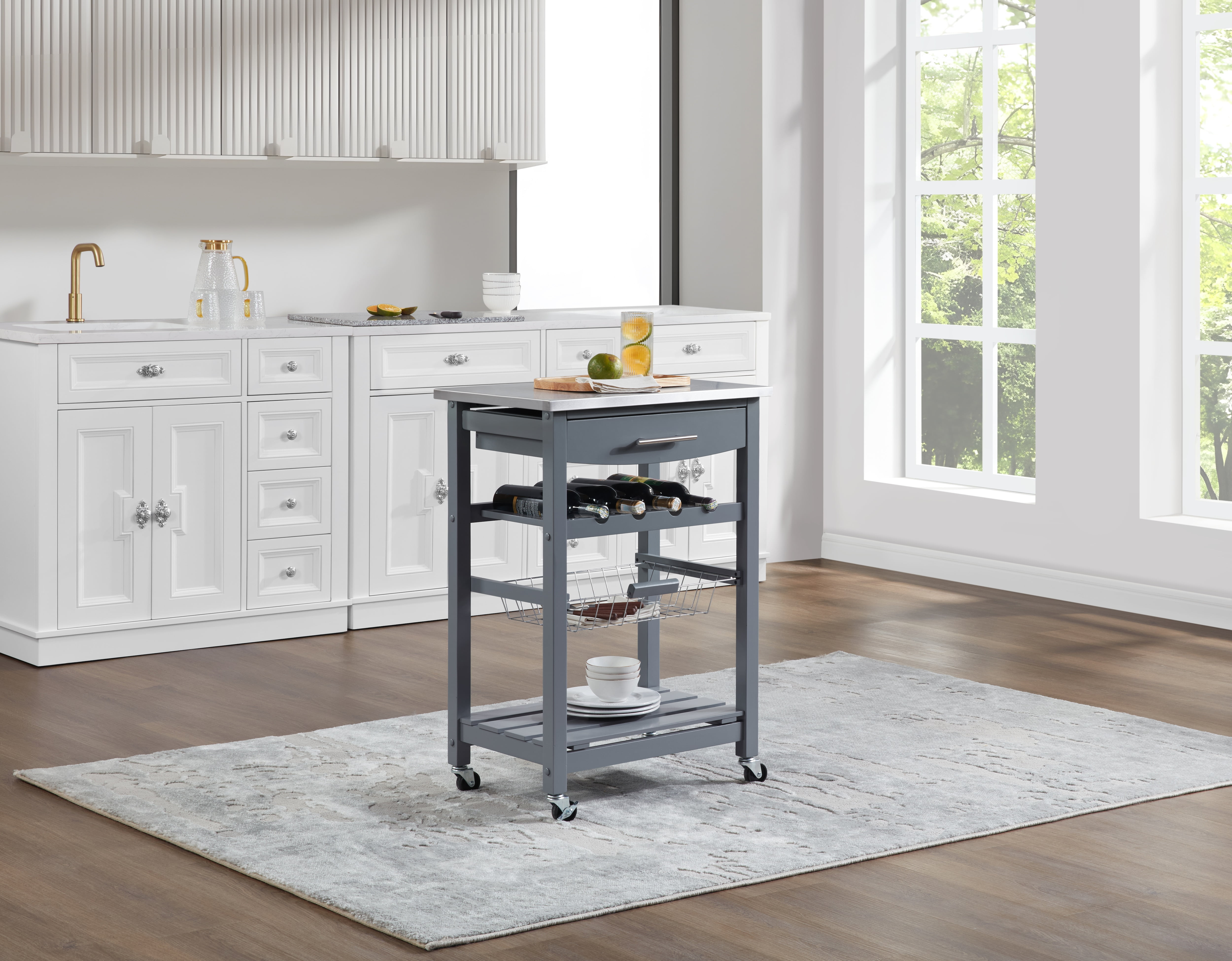 Mobile Rolling Kitchen Island with Stainless Steel Top, Drawer & Storage Basket