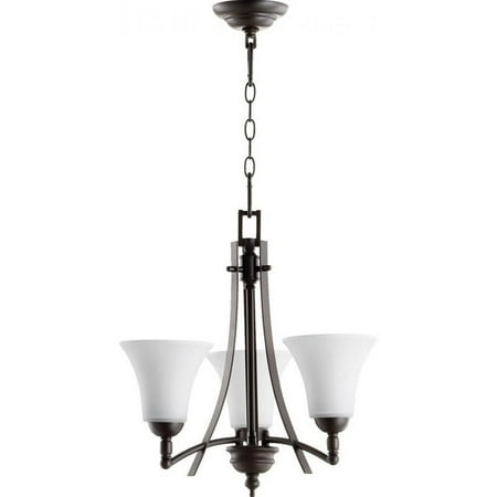 Satin Pewter Three Light Chandelier - Quorum Aspen 3 Light Chandelier in Oiled Bronze and Satin Opal