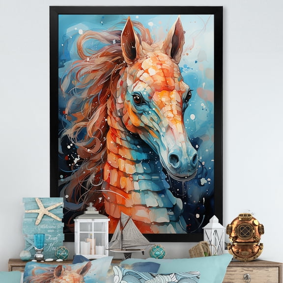 Designart "Symphony of Seahorses in Orange and Blue III" Animals Framed Wall Art - Traditional Orange Seahorse Hallway Framed Wall Art Decor
