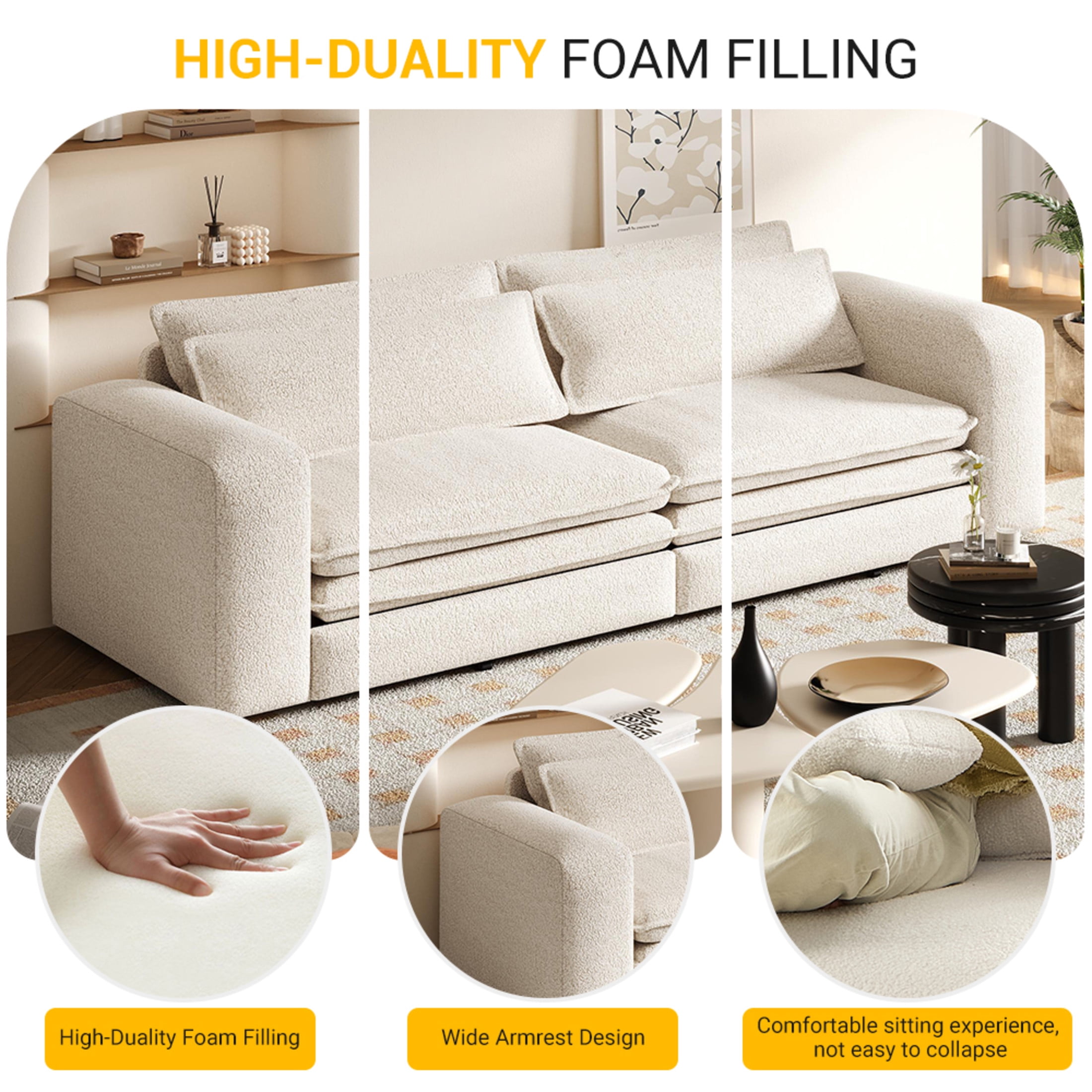 Noble House Rachel Convertible Sleeper Sofa Bed, Sherpa Fleece 3-Seat Pull Out Couch with Lumbar Pillows, Beige White
