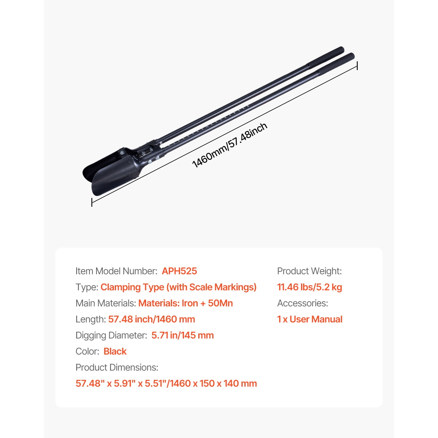 KFFKFF Ground Borer, Robust Ground Borer with Carbon Steel Grip, Handheld Excavator with Measurement Indicators and Metallic Edge, Ground Borer Instrument for Outdoor Horticulture, 57.5-Inch