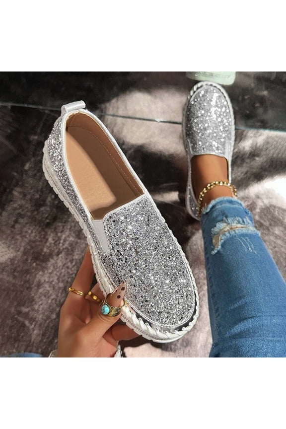 Womens Loafers Glitter Slip on Shoes Sparkly platformed Casual Dressy Anti-Slip Sneakers Cute Fashion Comfortable Walking Shoes Party Outfits