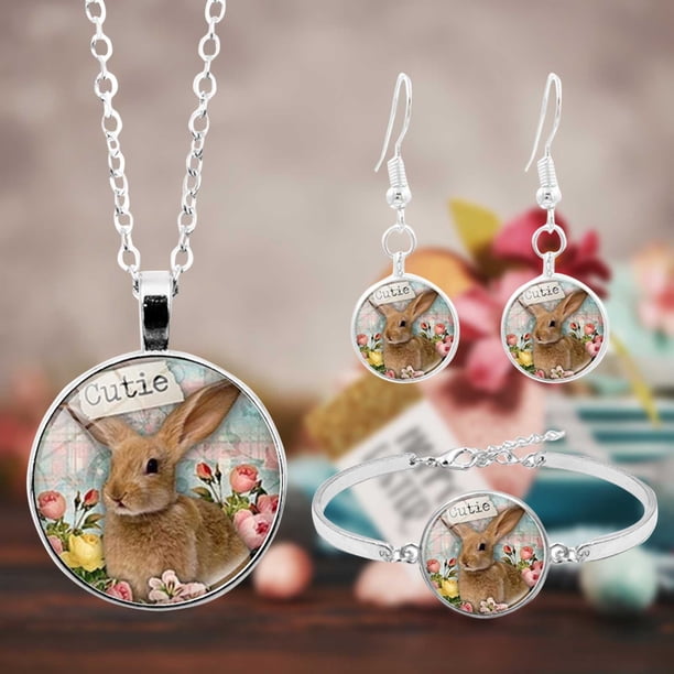 Pendientes para mujer, regalos para mujer, lindo conjunto de collar, pulsera y pendientes de conejito de Pascua, regalo para mujer, pendientes