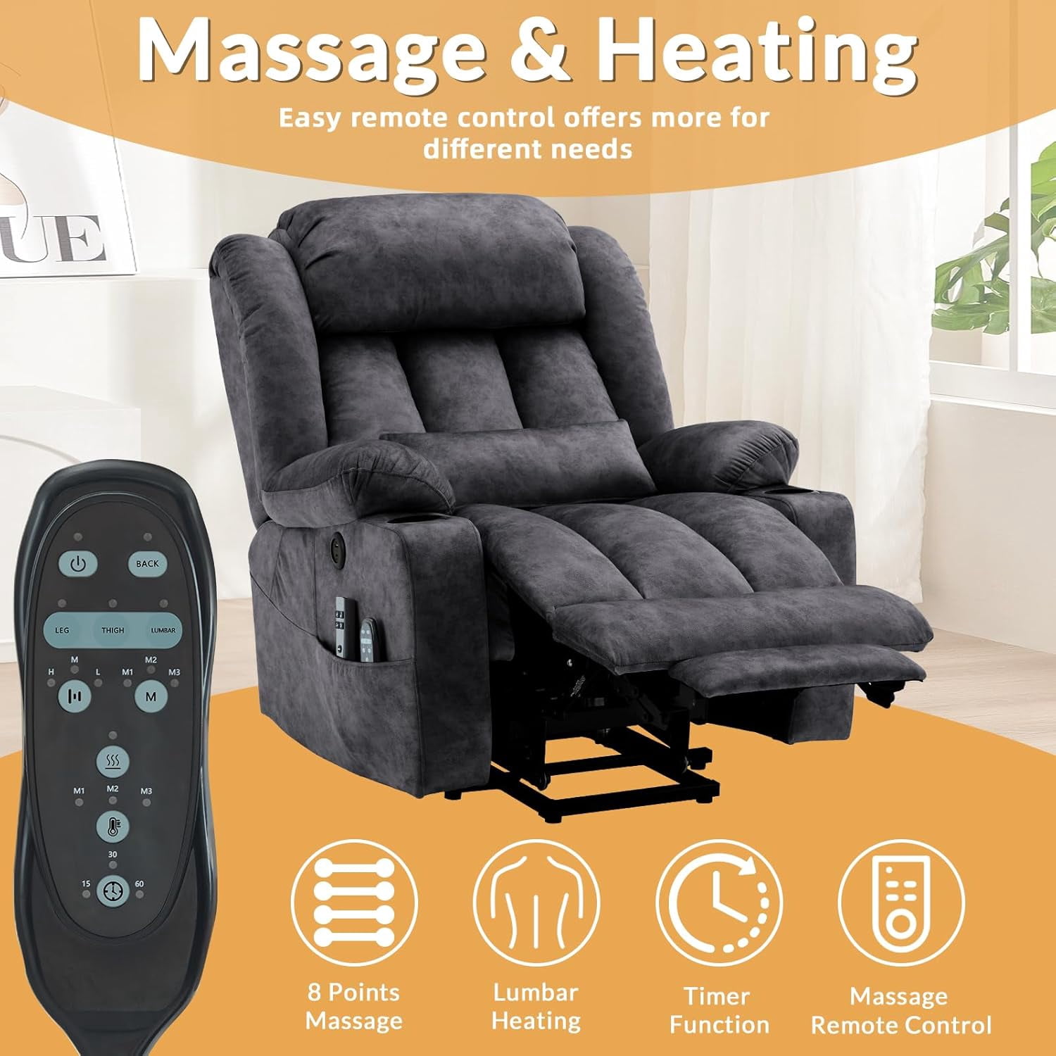 Dual Motor Power Lift Recliner for Big Elderly, Extended Footrest, Large Infinite Position Lay Flat Chair for Living Room with Massage & Heat, Lumbar Pillow, USB & Type-C Ports, Plush-Gray
