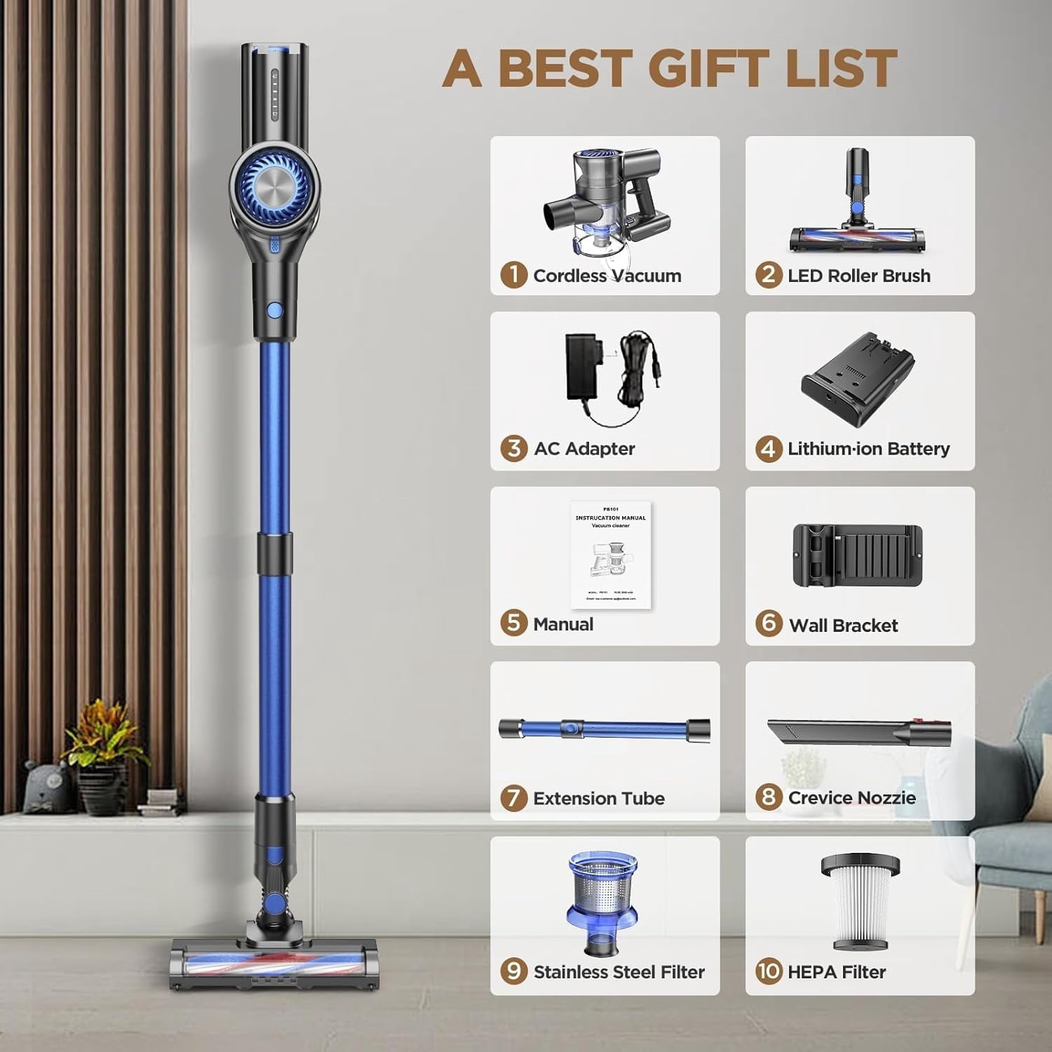 80,000PRM Cordless Vacuum Cleaners for Home, Powerful Vacuum with 2200mAH Battery up to 35 Mins Runtime, 2 Adjustable Modes and Tube Height, Detachable Parts Cordless Stick Vacuum (Sea Blue)