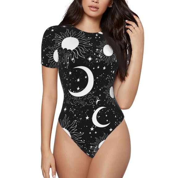 Naloa Crescent and Stars Women's Short-Sleeved Onesie, One-Piece Swimsuit for Parties, dates, clubs - Small