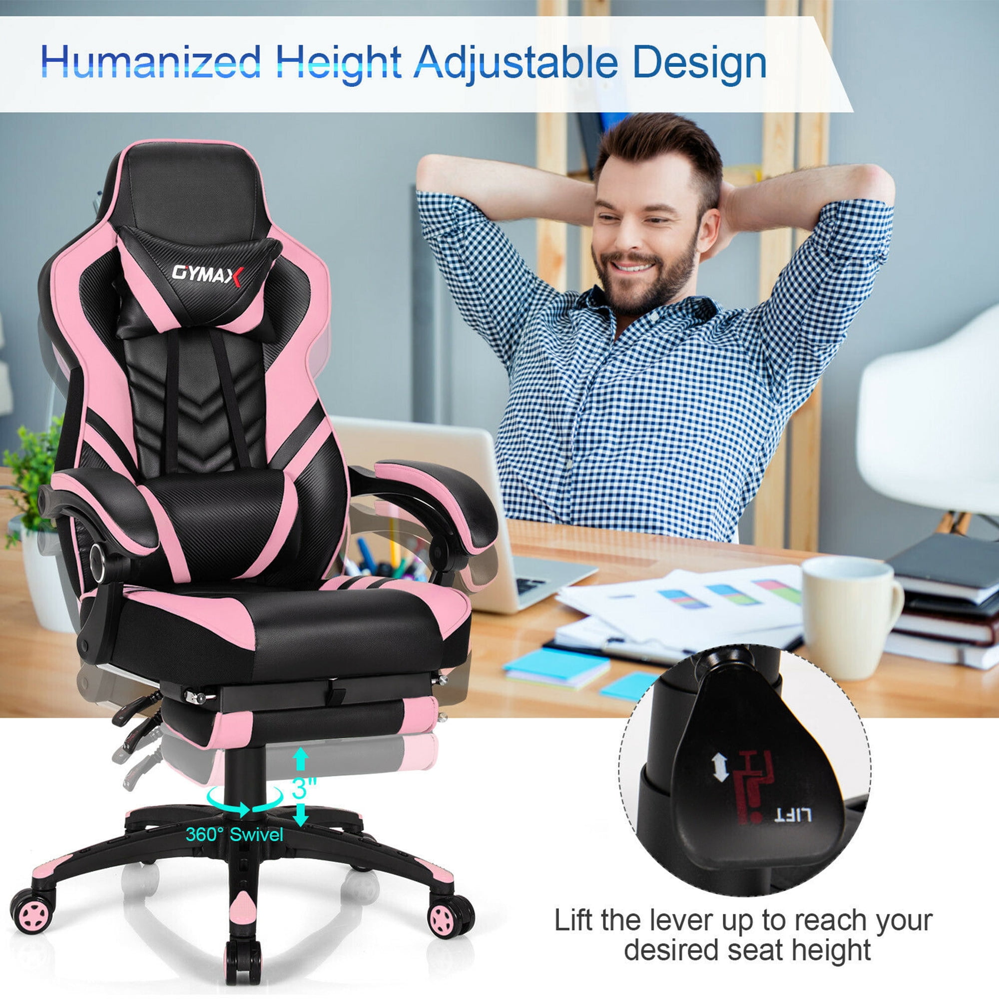 Gymax Office Computer Desk Chair Gaming Chair Adjustable Swivel w/Footrest Pink