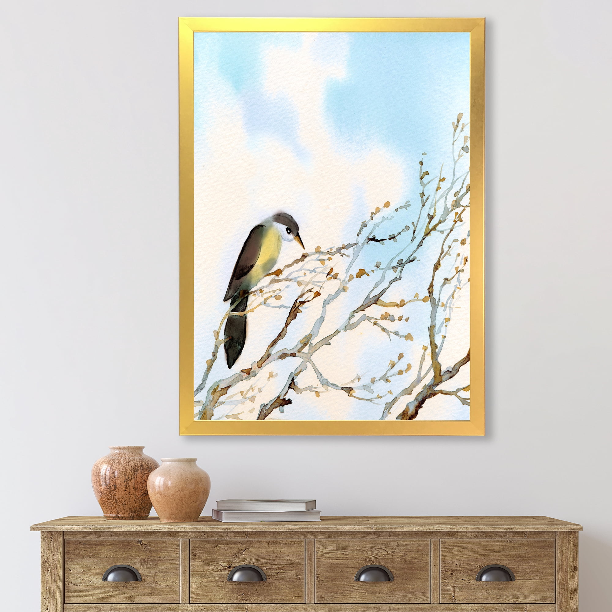 Designart 'Bird Sitting On Old Bare Tree With Blue Cloudy Sky' Traditional Framed Art Print