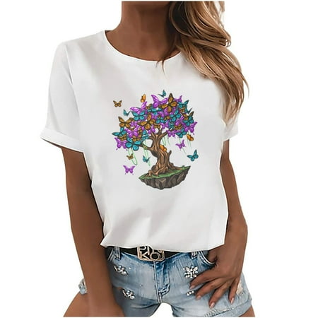 

Crop Tops for Women Tunic Tops Women s Fashion Printing Round Neck Loose Short Sleeve T Shirt Pullover Tops Blouse Womens Workout Tops Savings Clearance Black Shirts for Women White S