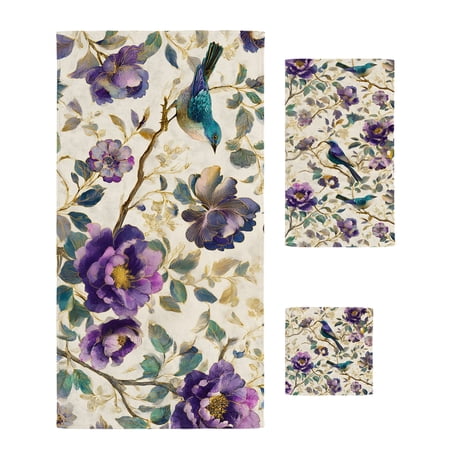 Farmhouse Flowers Towel Set of 3 Soft Microfiber Bath Towels Hand Towel Washcloths Country Spring Floral Branches Birds Quick-Dry Absorbent Towels for Bathroom Kitchen Hotel Beach Gym Spa