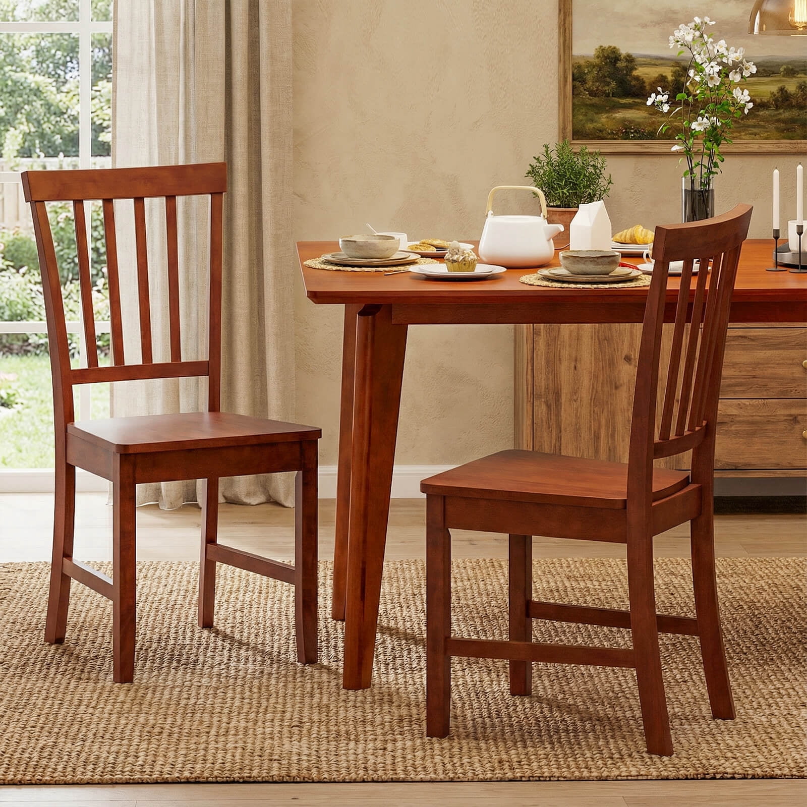 Costway Set of 2 Dining Chair Brown Kitchen Spindle Back Side Chair with Solid Wooden Legs
