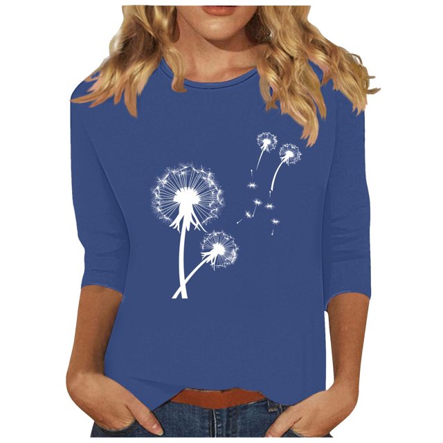 Plebaso Hauts pour Femmes Manches 3/4 Chemises Décontractées Imprimées Tunique à Col Ras du Cou Hauts Chandails Blouses pour Femmes