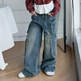 thumbnail image 6 of Wuxian Children Girls Jeans Pant Wide Leg Casual Vintage Denim Cargo Pants With Multiple Pockets Elastic Waist For Big Girls Fashion Loose Relaxed Trousers,Blue,4-5 Years, 6 of 9