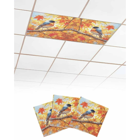 Fluorescent Light Covers for Ceiling Lights 3 Pack, Fall Birds Magnetic Ceiling Light Covers 2x4ft for Classroom Office School, Thanksgiving Maple Leaf Botanical Orange Drop Ceiling Light Shade