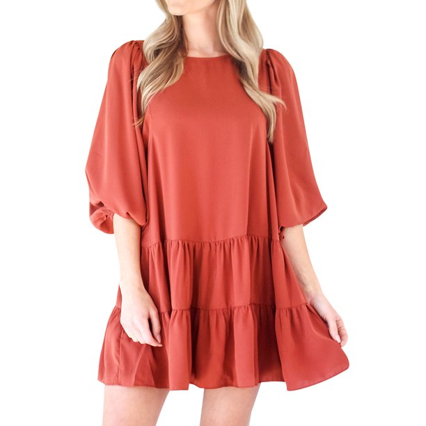 Nlife Women Round Neck Puffy Elbow Sleeve Pleated Ruffle Hem Dress