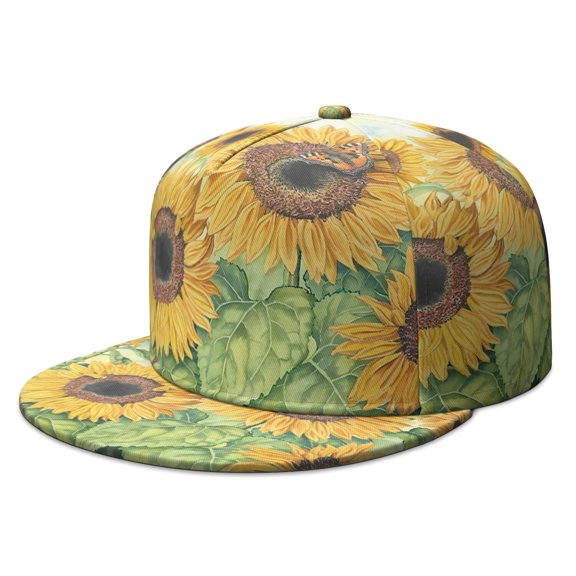 Rustic Sunflower and Wildflowers Baseball Cap - Adjustable Flat Brim Snapback Hat - Country Farmhouse Theme