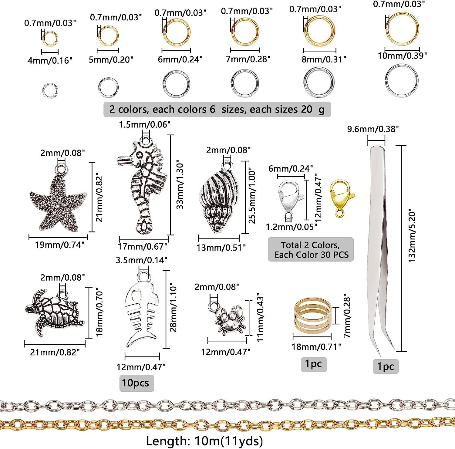 PH Chains Jewelry Making Kit 65 Feet Link Cable Chain with 3000pcs Jump Rings 60pcs Lobster Claw Clasps 60pcs Sea Charms Tweezers Jump Ring Opener Platinum Golden