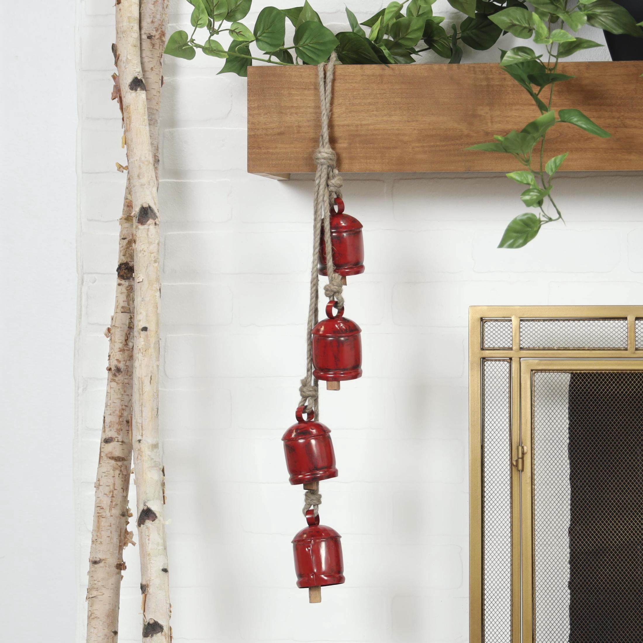 DecMode Tibetan Inspired Cascading Red Metal Cylindrical Decorative Cow Bells with 4 Bells on Jute Hanging Rope