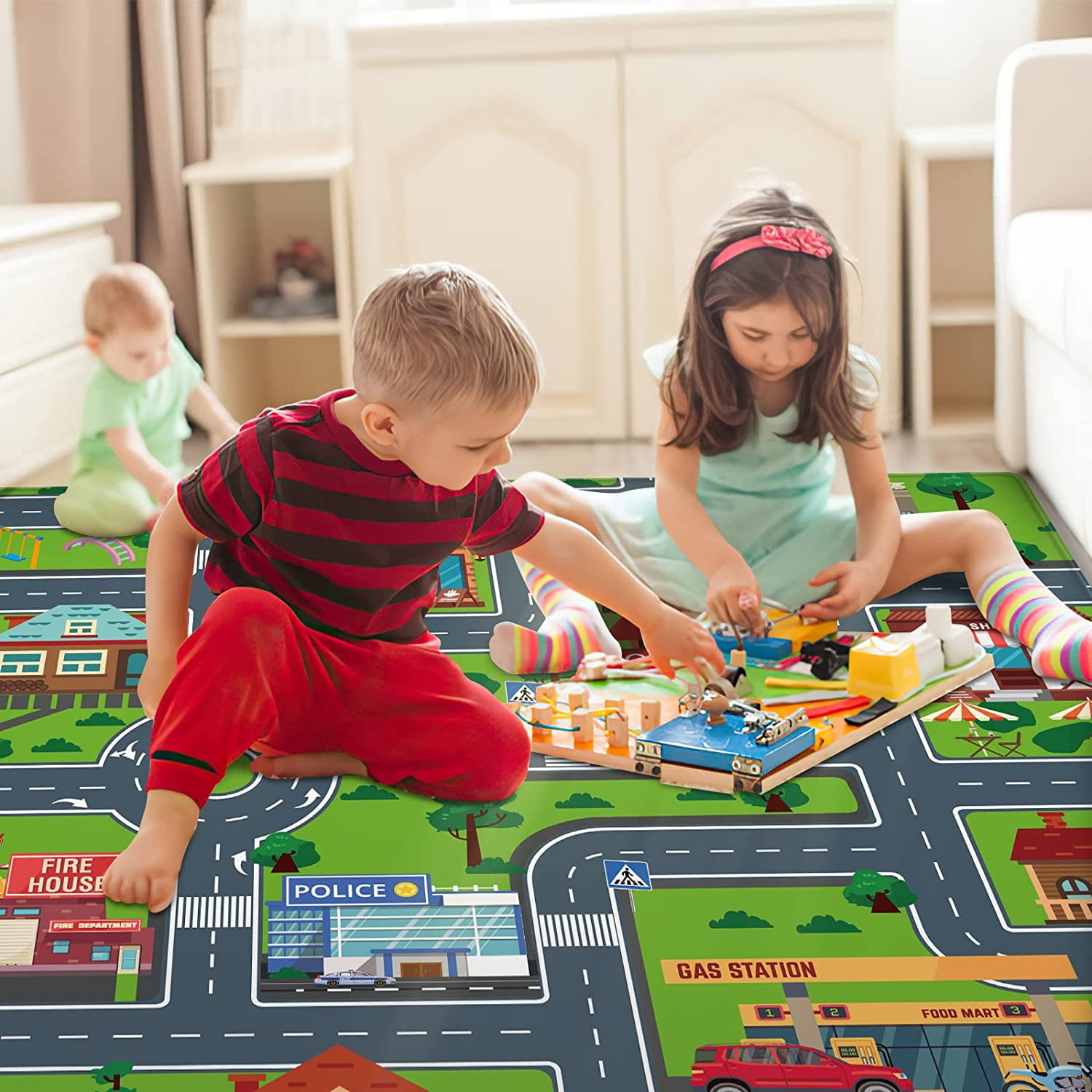 Kids Carpet Playmat, Rug for Playroom, Mat, Kids Play Rugs Town City Road Map Rug, Extra Large Boys, Track Play Rug Bedroom, Living Room, 78.7X 59 Inch