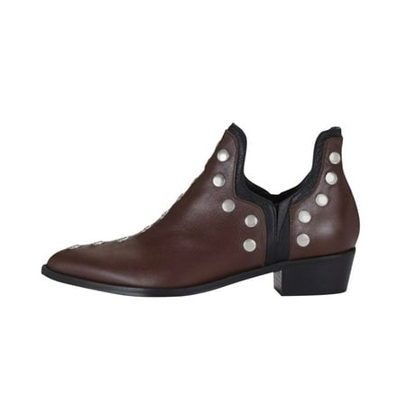 jsaierl Women s Winter Retro Ankle Boots Low Heels Chunky Cutout Booties V-Cut Perforated Western Boots Shoes