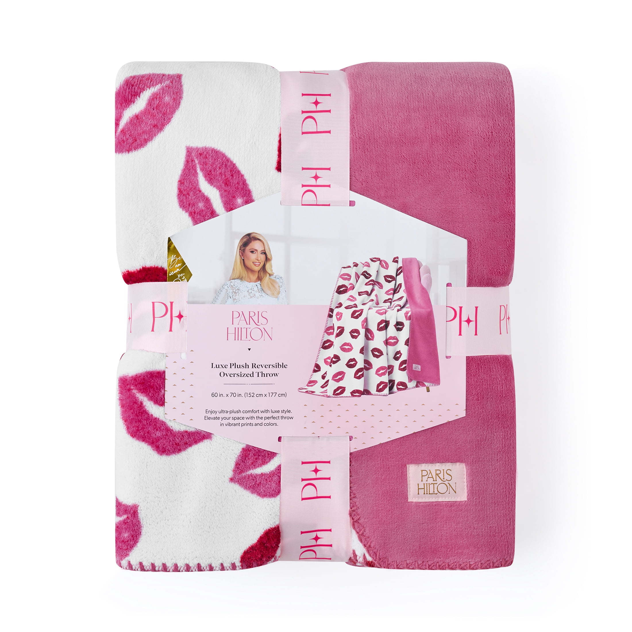 Paris Hilton Plush Throw Blanket, Reversible Fleece, 60" x 70", Pink Glitter Lips