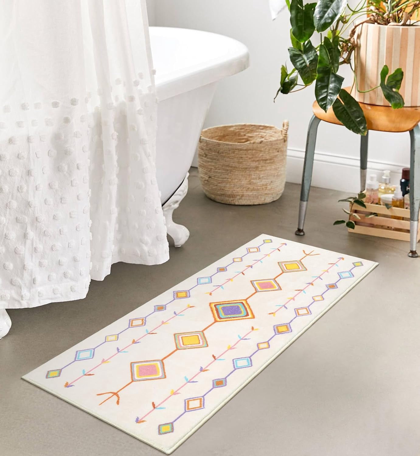 Bathroom Rugs Washable, Cute Colorful Geometric Bathroom Runner Rug, Super Cozy Boho Bath Mats for Bathroom Non Slip, Aesthetic Tribal Bathroom Floor Mat for Sink Shower Toilet, 18X47 inch