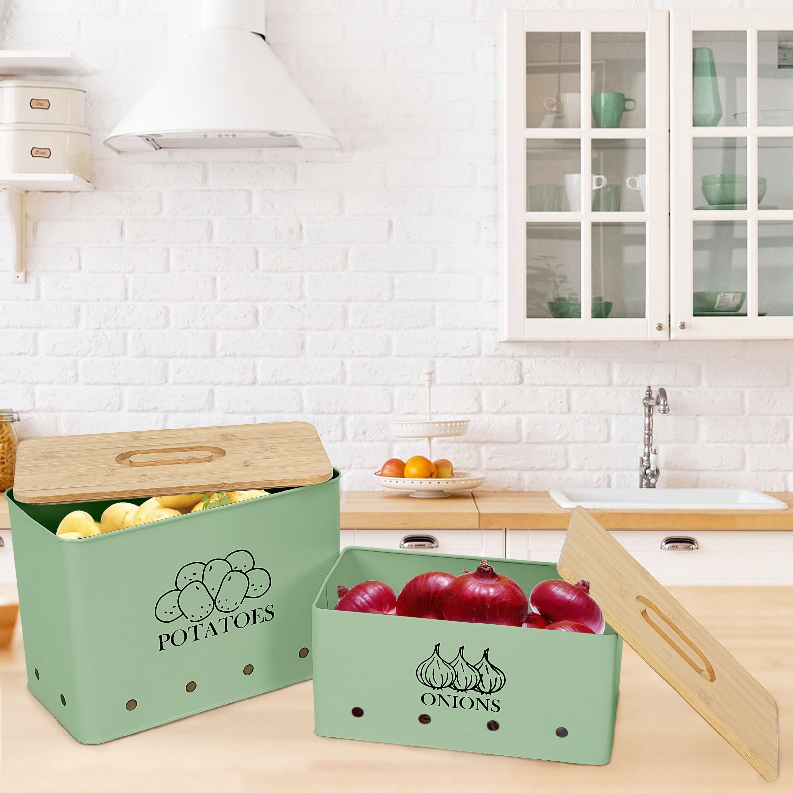 Pethiy Kitchen Vegetable Storage,Metal Onion and Potato Canisters with Wooden Lid,Storage Containers with Ventilated Holes for Freshness,2 Pack,Green