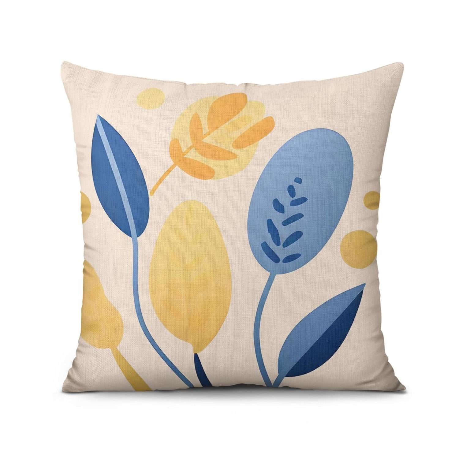 Blue Yellow Leaves Farmhouse Decor Throw Pillow Covers 16 X 16 Inch, Set Of 4, Linen Study Sofa Cushion Cover Indoor Living Room Home Decor