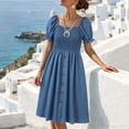 thumbnail image 5 of ClodeEU Women's Square Neck Puff Sleeve Denim Midi Dress,Casual Smocked Waist A-Line Sundress Blue,Women's Plus L, 5 of 9