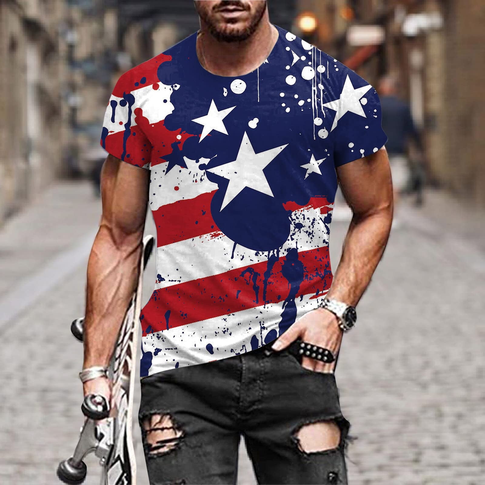 Patriotic Shirts for Men American Flag T-Shirt Funny Skull Graphic Summer Casual Short Sleeve Tops 4th of July Gift