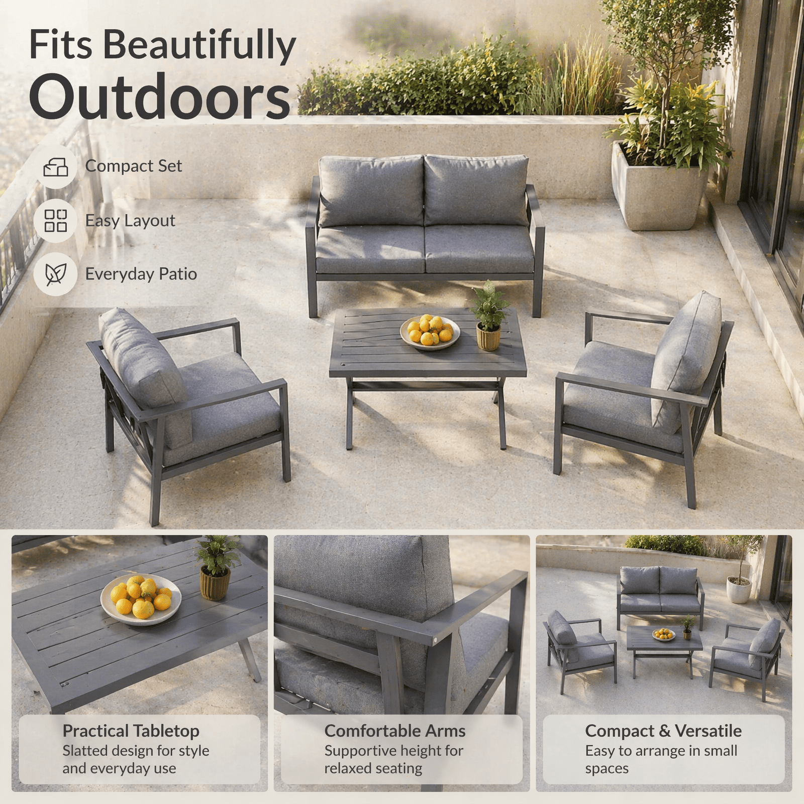 Aluminum Patio Furniture Set with Slim Armrests,4 Seat Modern Outdoor Conversation Set with Cushions and Coffee Table,Metal Patio Sofa Set Gray
