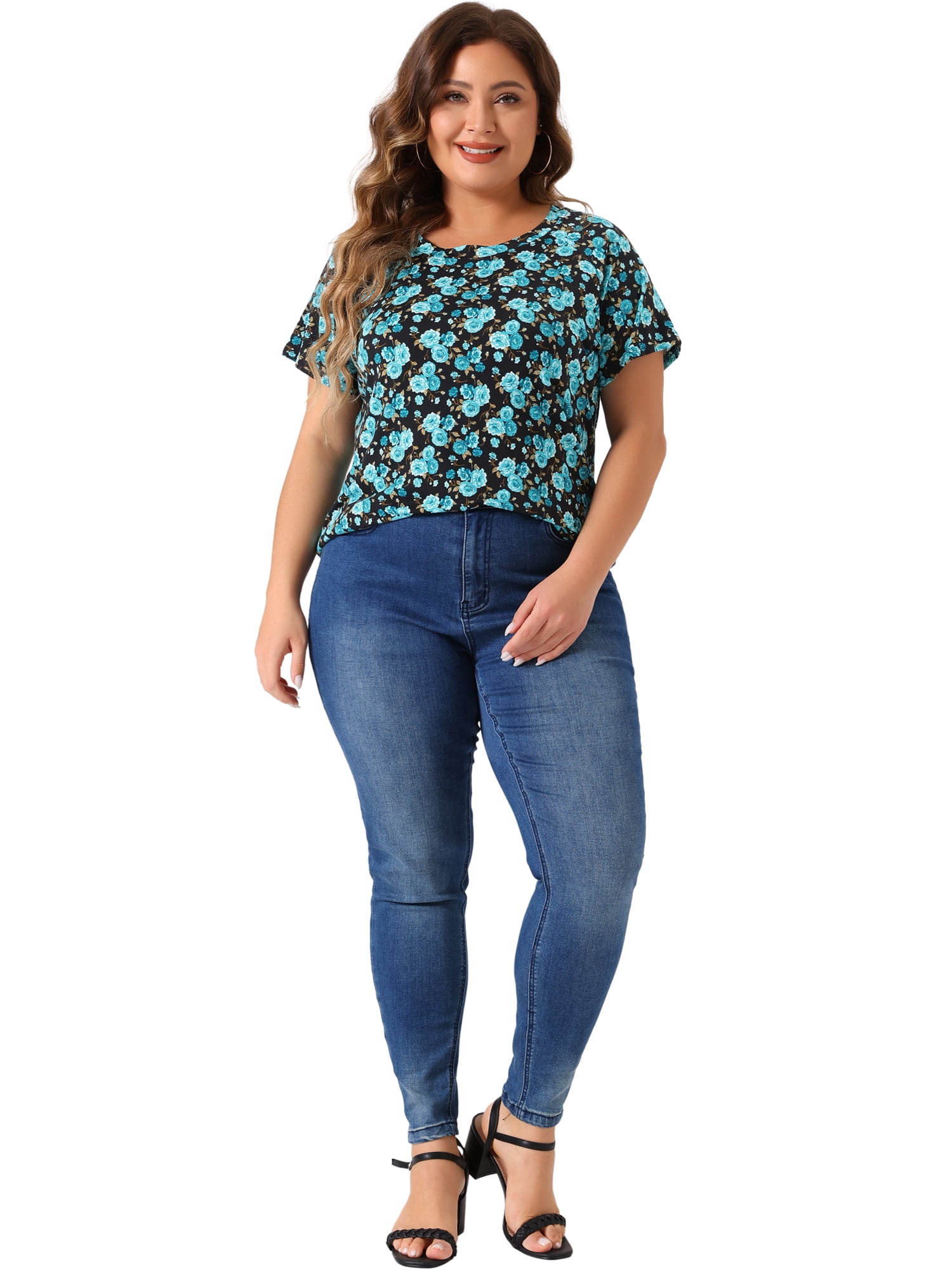 Women's Plus Summer Casual Floral Top Blouse Round Neck Short Sleeve Tee 3X Blue