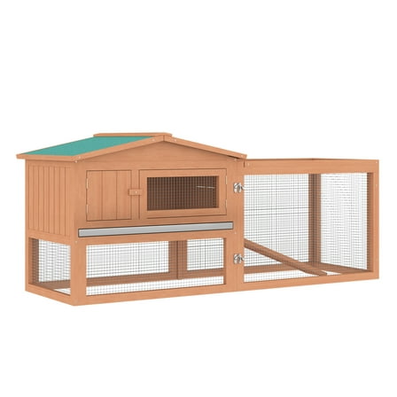 Rabbit Hutch 2-Story Bunny Cage Small Animal House with Slide Out Tray, Detachable Run, for Indoor Outdoor, 61.5" x 23" x 27", Natural