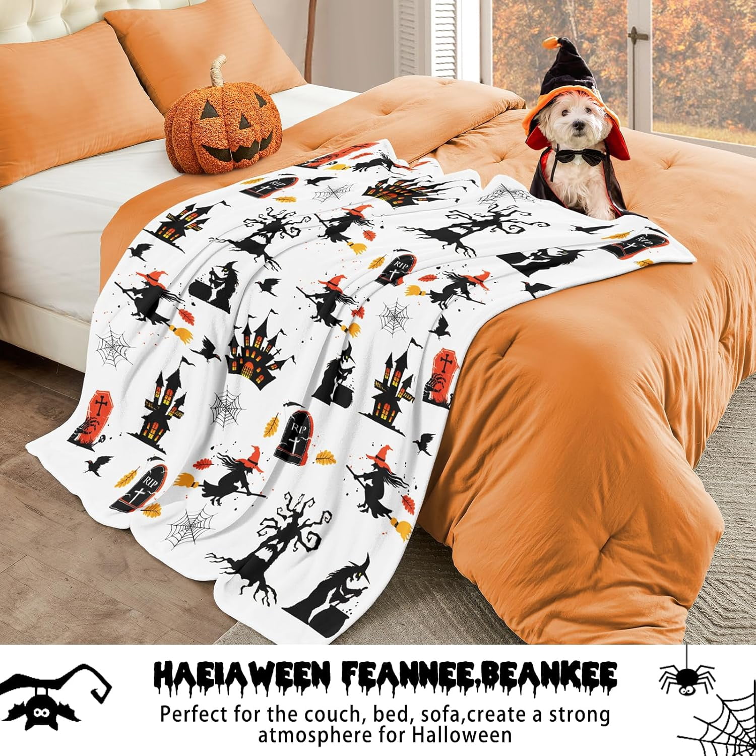 Halloween Fleece Throw Blanket, Spooky Black Witch Bats Tombstones Plush Soft Lightweight Flannel Fleece Blanket 50"x60"