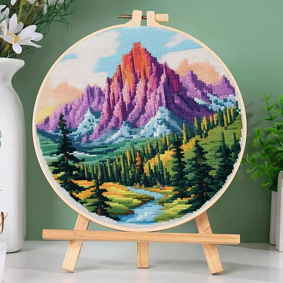DIY Cross Stitch Kits Colorful Trees Mountain Easy for Beginners with Hoop 11CT Needlepoint Embroidery Counted Stamped Cross Stitch Set Craft Wall Decor 20x20cm(2)