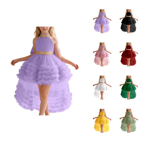Girls Dress with Train, Tiered Mesh Gown for Pageant, Recital, Performance, Formal Party & Special Occasions